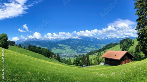 Wallpaper Mural Picturesque view of a house in a green field with mountains. Torontodigital.ca