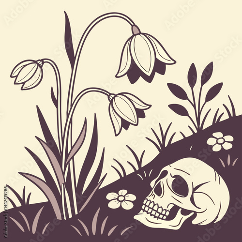 Wilting Flowers and Skull Illustration