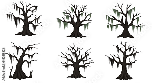 Collection of Six Spooky Silhouette Illustrations of  Spanish Moss Draped Oak Trees