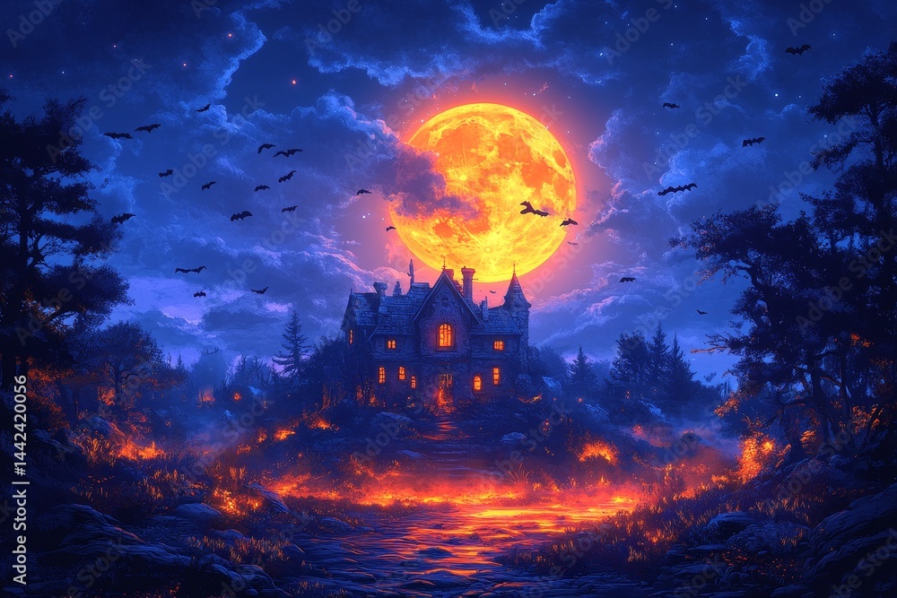 Haunted house, Halloween night, spooky forest, moonlit scene, fantasy art Haunted house, Halloween night, spooky forest, moonlit scene, fantasy art