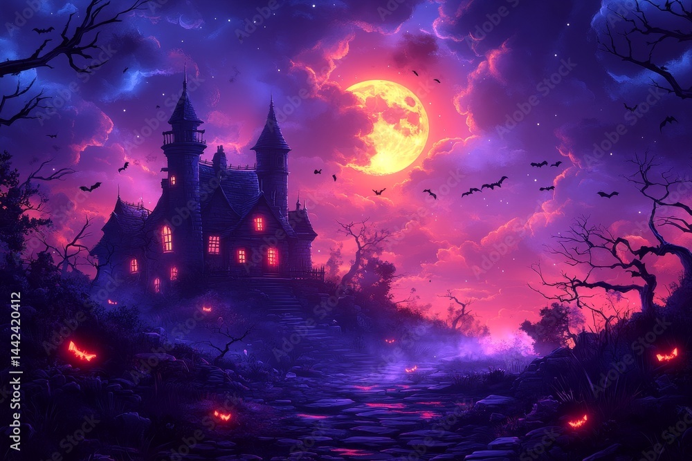 Haunted castle, full moon, spooky path, Halloween Haunted castle, full moon, spooky path, Halloween