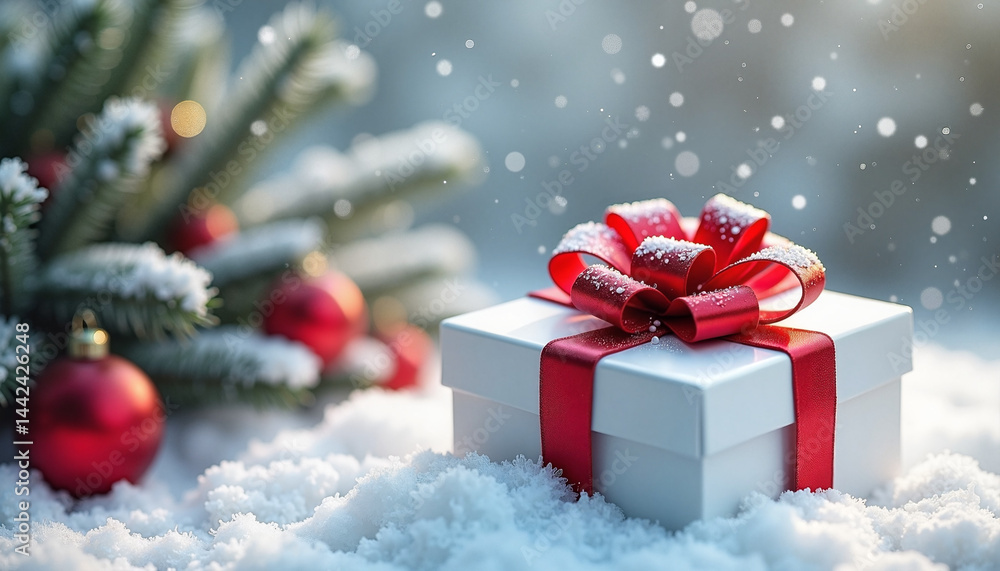 A beautifully wrapped white gift box with a bold red ribbon sitting on a snowbank, surrounded by fir branches and red baubles, evoking holiday joy. Magical concept of Christmas and New Year holidays. A beautifully wrapped white gift box with a bold red ribbon sitting on a snowbank, surrounded by fir branches and red baubles, evoking holiday joy. Magical concept of Christmas and New Year holidays.