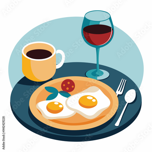 Stylish Breakfast with Wine and Coffee at a Cafe