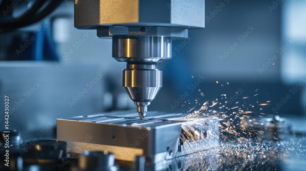 CNC milling machine in action, showing metal being cut and sparks flyi CNC milling machine in action, showing metal being cut and sparks flyi