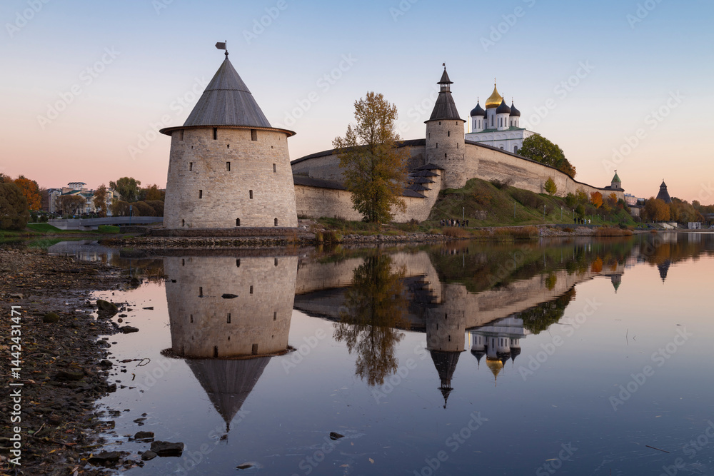 View of the ancient Pskov Kremlin (Krom) on October twilight
