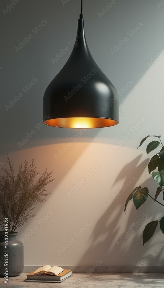 Fototapeta premium Interior design featuring a modern pendant lamp, indoor plant, and open book on a marble surface