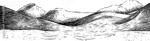 A black and white illustration of rolling hills and mountains, featuring wavy lines to depict the terrain and texture of the landscape.