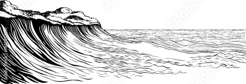 A stylized illustration of ocean waves crashing against the shore, featuring detailed line work and a sense of movement in the water.