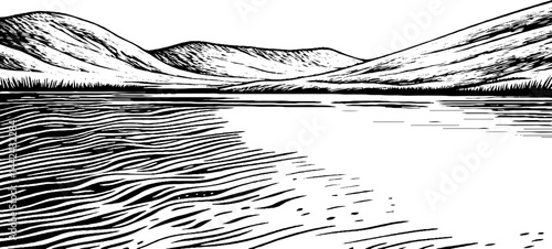 Serene Black and White Landscape with River and Hills