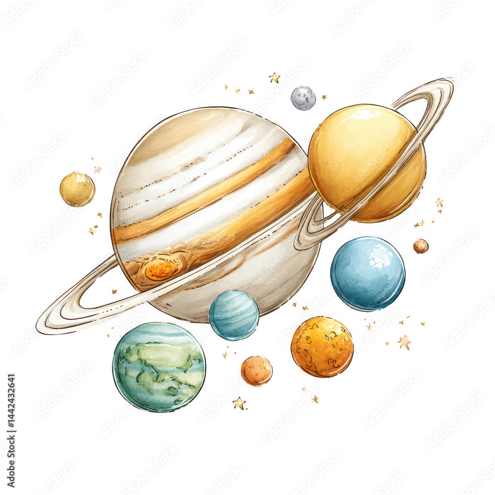 Watercolor planets orbit each other in a whical depiction of space exploration.