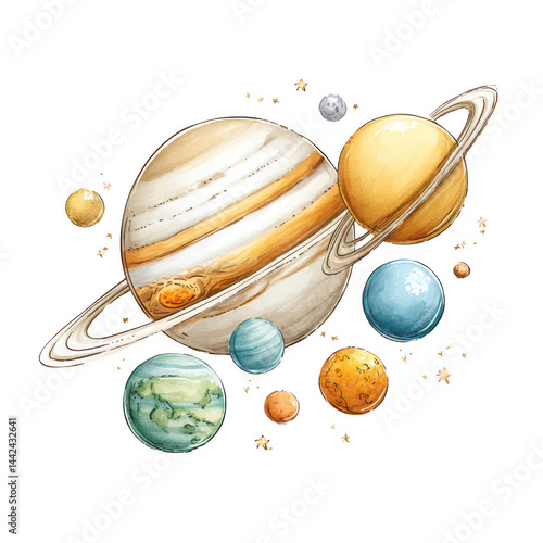Obraz na płótnie Watercolor planets orbit each other in a whical depiction of space exploration. w salonie