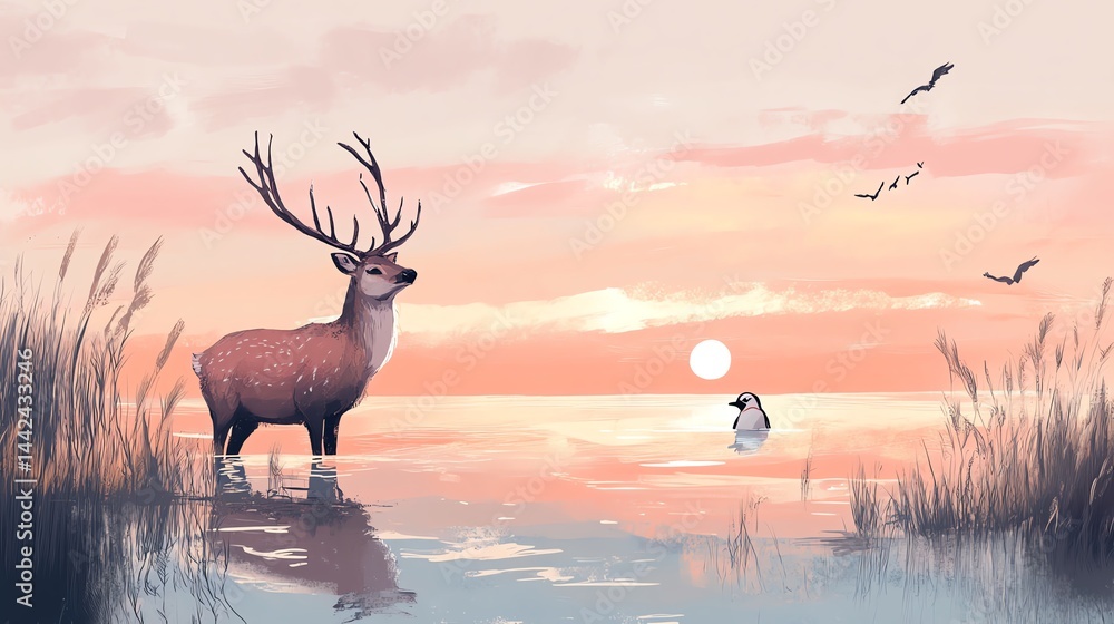 Fototapeta premium Serene wildlife scene at sunset, deer and duck.