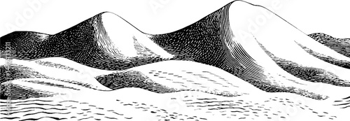 A stylized black and white illustration of rolling hills and dunes, showcasing smooth curves and textured shading to create depth and dimension.