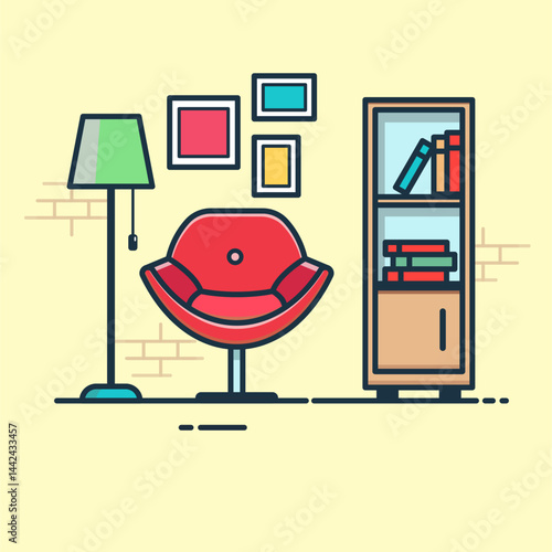 vector illustration of a living room and book shelves