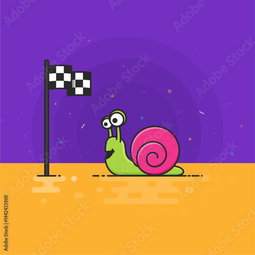 vector illustration of a snail and a winning checkpoint