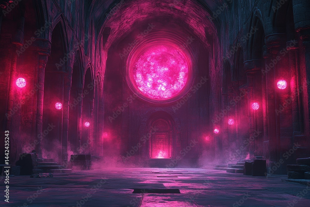 Obraz premium Pink moonlit gothic cathedral interior