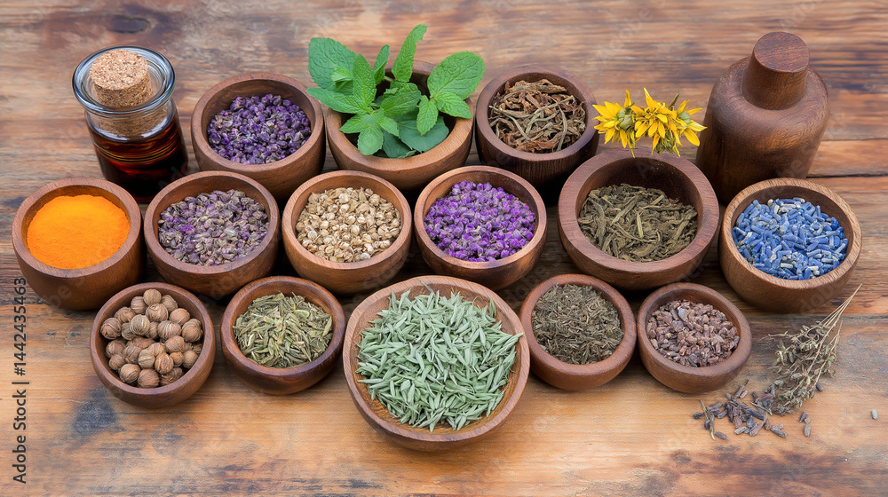 Traditional herbal remedies and spices in wooden bowls on rustic table Traditional herbal remedies and spices in wooden bowls on rustic table