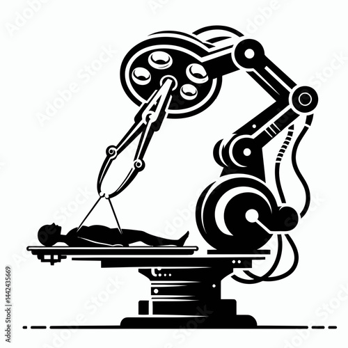 The Surgical robot. Hospital Healthcare Clinic Treatment Symbol. Robotic medical assistance innovation within operative minimal intervention technique.