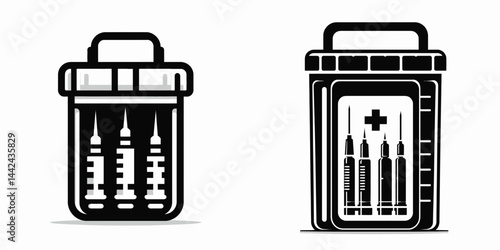 The Sharps container. Hospital Healthcare Clinic Treatment Symbol. Biohazard receptacle utilizing a secure device for needle and lancet disposal.