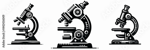 The Microscope. Hospital Healthcare Clinic Treatment Symbol. Instrument for optical magnification lab tool exploring minuscule organic realm.