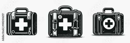 The Medical bag. Hospital Healthcare Clinic Treatment Symbol. First-aid kit pouch containing vital emergency physician provisions.