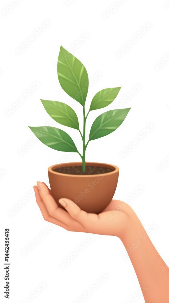 3D illustration of a hand holding a small potted plant, symbolizing growth, care, and sustainability, isolated on transparent background 3D illustration of a hand holding a small potted plant, symbolizing growth, care, and sustainability, isolated on transparent background