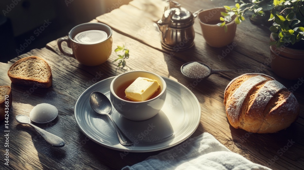 A rustic breakfast scene featuring food items on a table A rustic breakfast scene featuring food items on a table