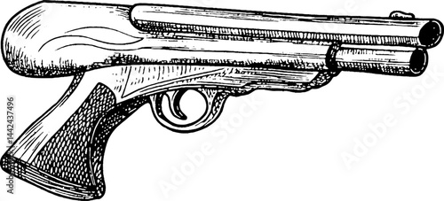 Vector chalk-out illustration of a gun pistol. Monochrome design featuring a retro revolver, scribbled outline, and symbol of danger and security in an artistic, freehand style.