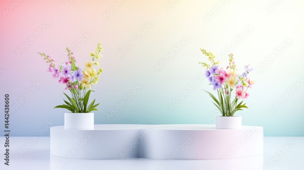 Fototapeta premium Pastel floral display podium. Two bouquets of spring flowers on a white, rounded platform against a soft, pastel background