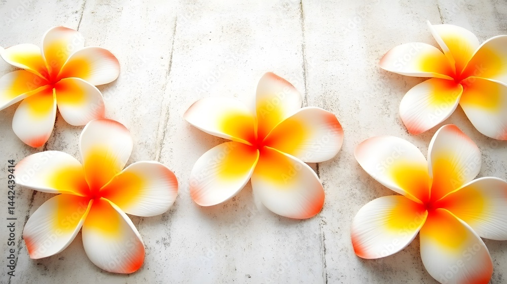 Fototapeta premium Five White and Yellow Plumeria Flowers on White Wooden Background