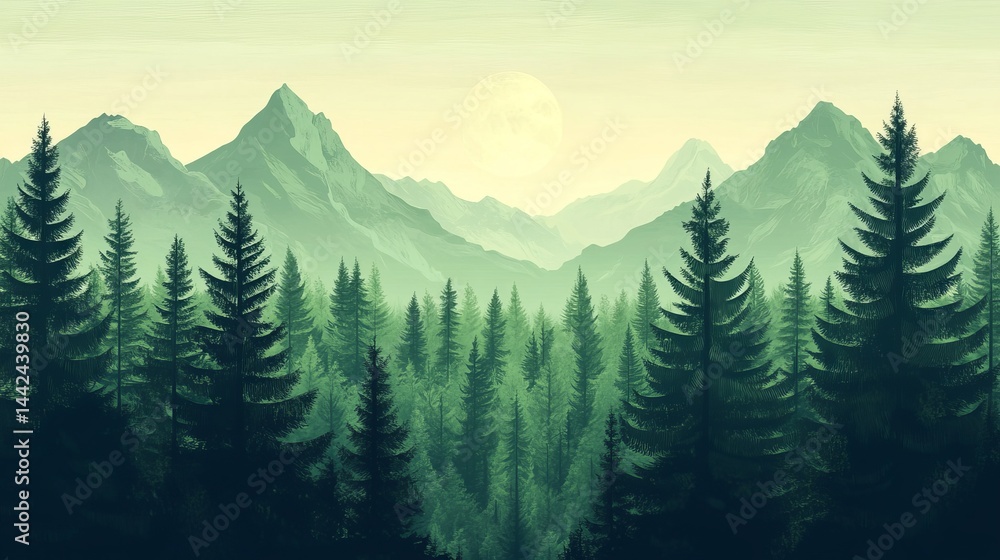 Fototapeta premium Serene green forest landscape with majestic mountains and a full moon art calm view mood tone trees