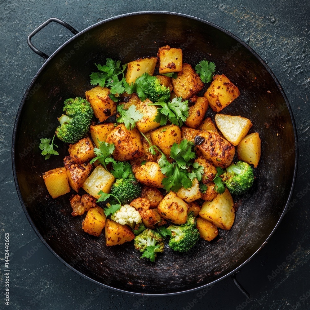 Overhead shot of wok filled with golden roasted potatoes and fresh broccoli Overhead shot of wok filled with golden roasted potatoes and fresh broccoli