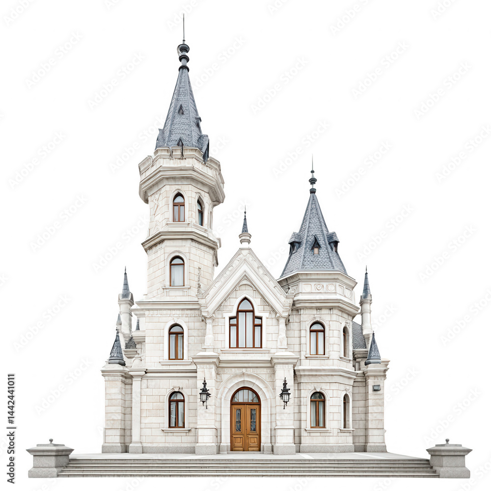 Fototapeta premium A fanciful white stone castle with turrets stands isolated on a white background.