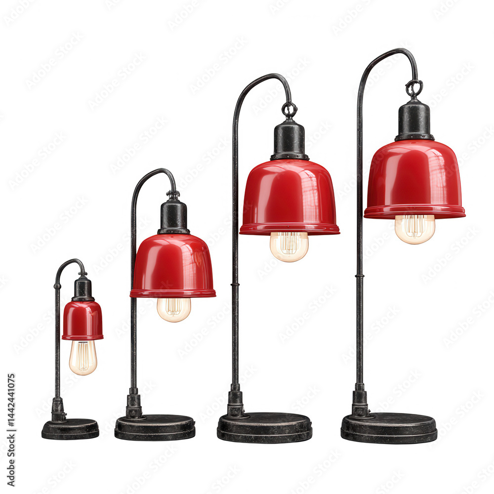 Fototapeta premium Four different sizes of the red metal industrial table lamp on display.