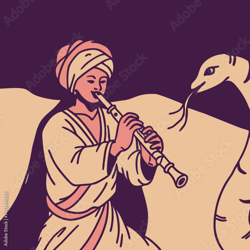 vector illustration of a snake charmer and snake dancing