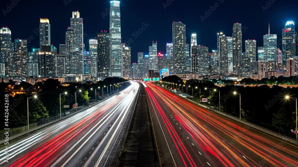 A cityscape at night, long exposure of traffic on highway. A cityscape at night, long exposure of traffic on highway.