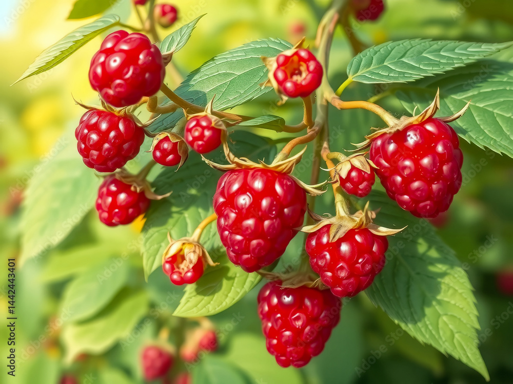 A bunch of red raspberries hanging from a tree. The berries are ripe and ready to be picked