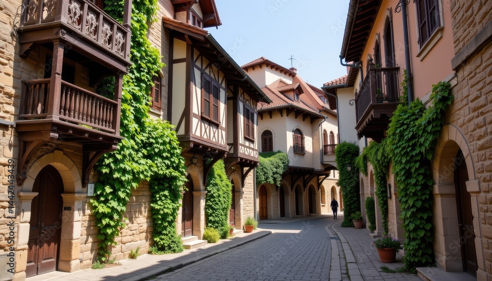 Fototapeta premium Medieval architecture with ornate wooden balconies and ivy covered walls lining a picturesque cobblestone alleyway