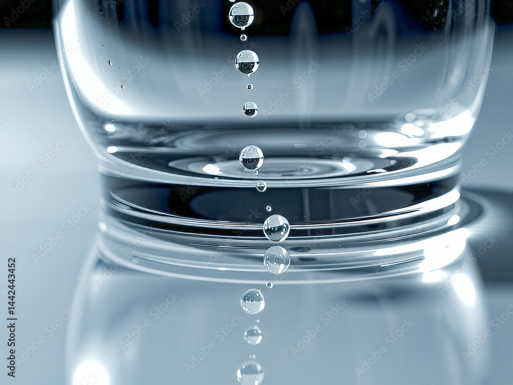 A glass of water with a few drops of water on the side. The water droplets are small and scattered, creating a sense of movement and fluidity. Concept of calmness and tranquility