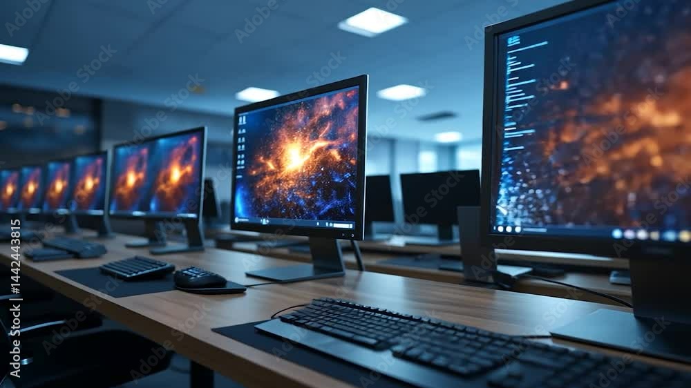 Video of a row of computer screens displaying a galaxy in a blue-lit room with keyboards desks and chairs Video of a row of computer screens displaying a galaxy in a blue-lit room with keyboards desks and chairs