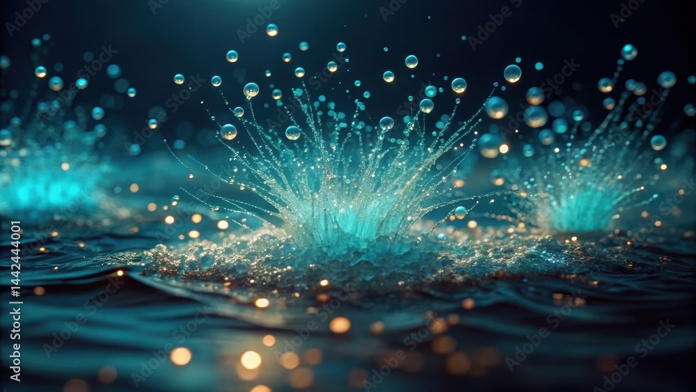 Obraz premium Dynamic splashes of water create a mesmerizing visual effect against a dark backdrop, highlighted by shimmering droplets and blue tones.