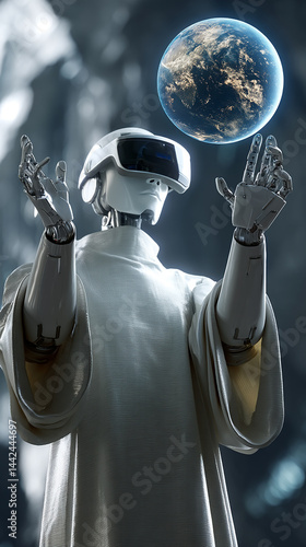 A holographic-style photo of an artificial intelligence robot holding the Earth in its hand. In the foreground is a faceless humanoid robot wearing a silver robe. It has two arms outstretched, indicat