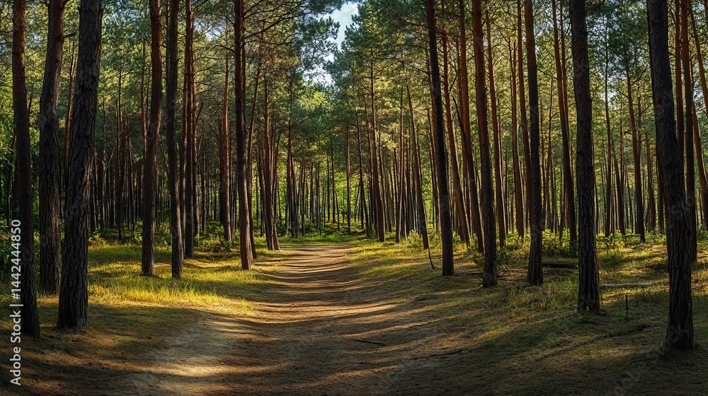 Fototapeta premium Serene sunlight path through majestic tall pine forest trees calm park view woods green brown woods