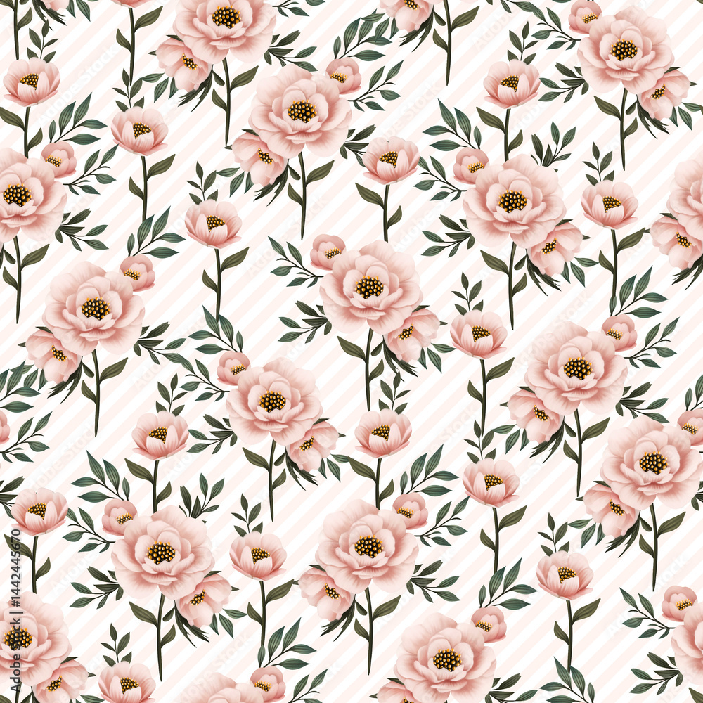 Fototapeta Pink Flowers with Diagonal Stripes, Seamless Floral Pattern on Transparent Background.