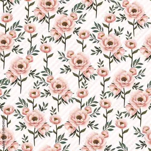 Pink Flowers with Diagonal Stripes, Seamless Floral Pattern on Transparent Background.