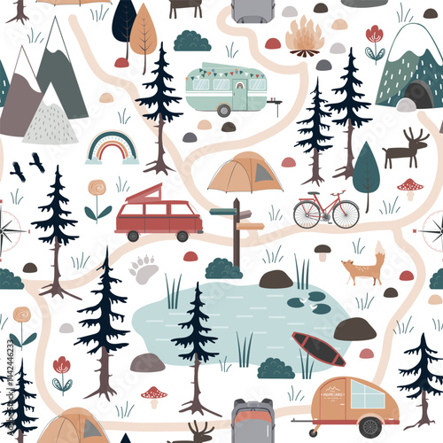 Summer Forest Camping Adventure, seamless pattern. Camping landscape vector background