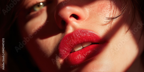 A modern digital artwork showcasing closeup of red lips with dramatic sunlight shadows, ideal for creative, commercial, or editorial purposes.