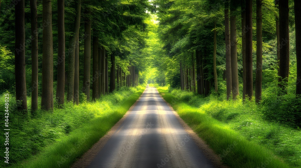 Fototapeta premium Scenic Forest Road: Sunlit Path Through Lush Green Trees