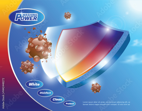 Blue shield hitting germs or dirt to protect or remove, template for designing advertisement for product about cleaning clothes or cleaning dirt, vector 3d isolated for advertising design