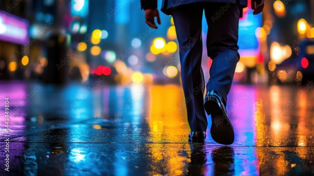 Fototapeta premium A person in suit walking down a city street at night